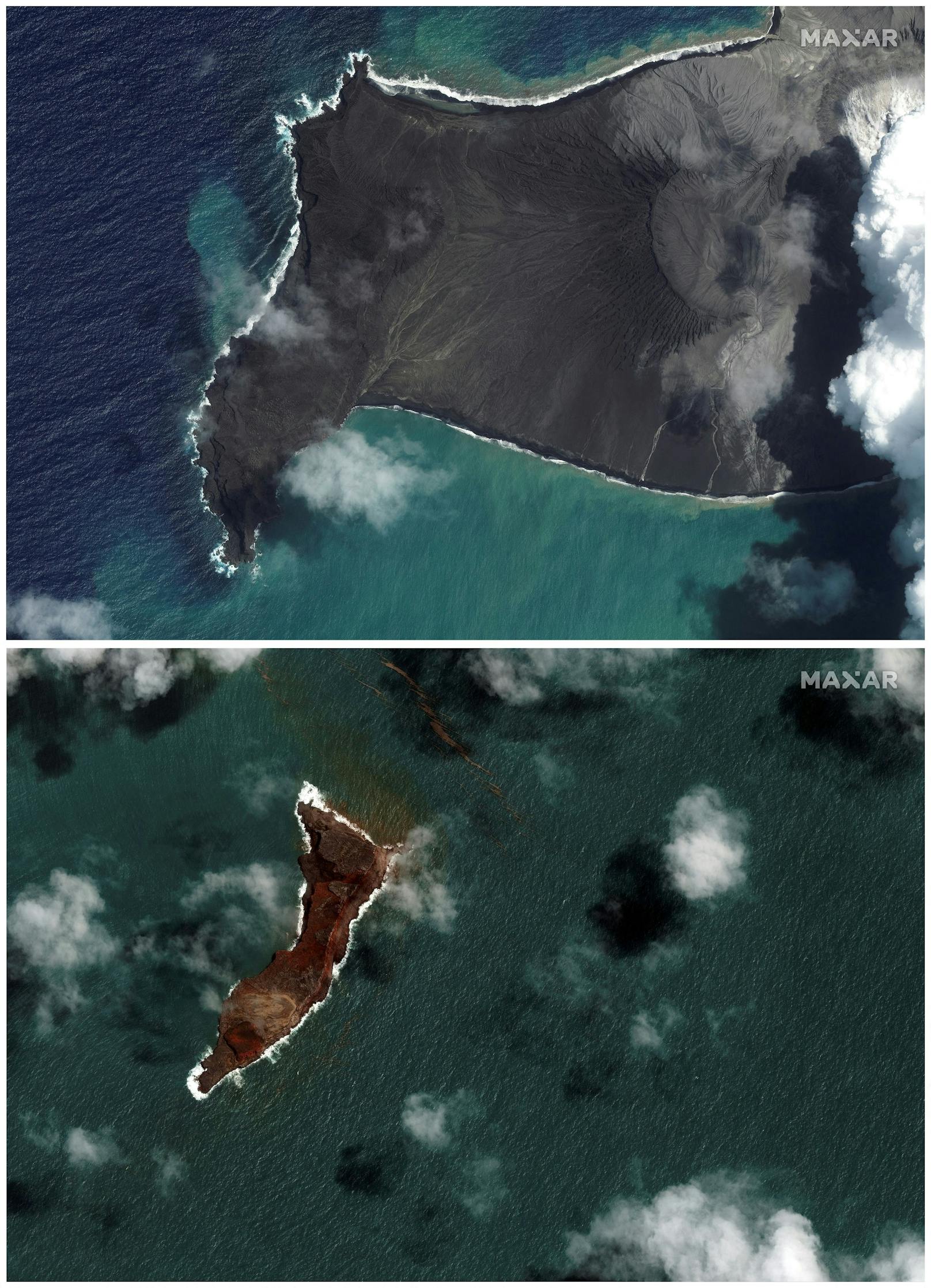 Der Unterwasservulkan Hunga Tonga-Hunga Ha’apai: Nach der Eruption (Bild unten) ist nur noch wenig von der Landmasse vulkanischen Insel erkennbar.