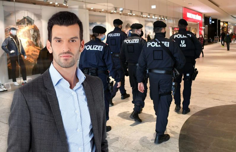 Landbauer und Polizisten in einem Einkaufszentrum (Montage)
