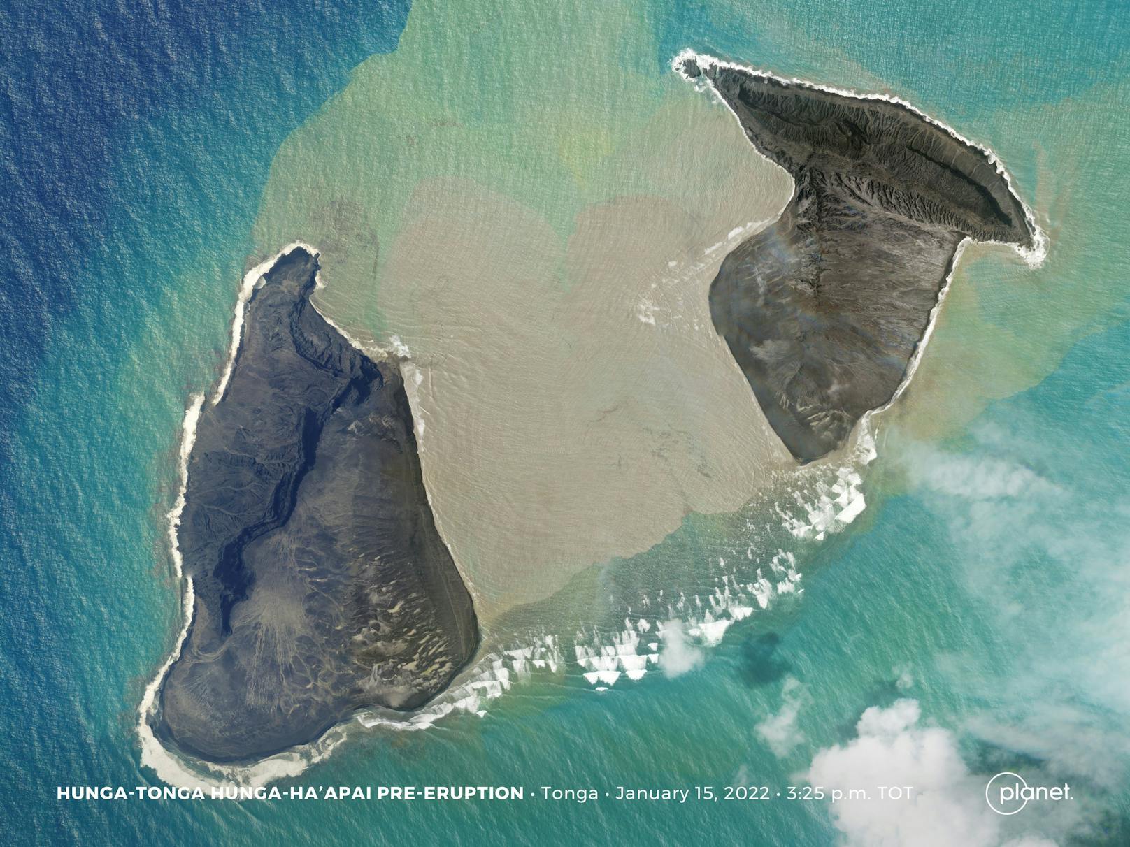Der Unterwasservulkan Hunga Tonga-Hunga Ha'apai zwei Stunden vor der verheerenden Eruption. 