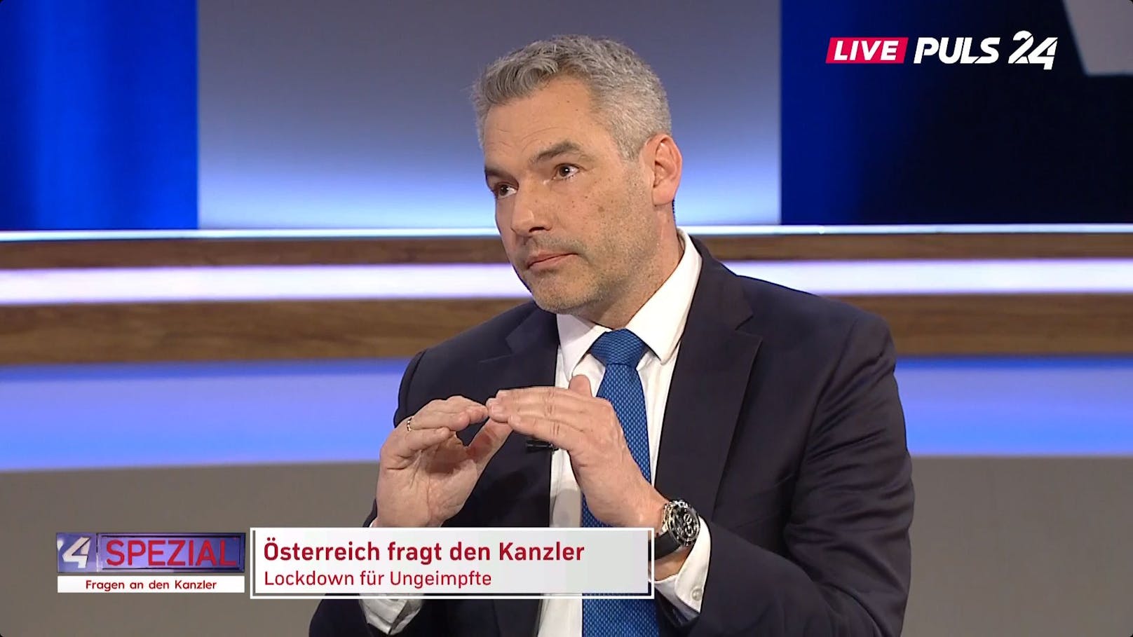 Bundeskanzler Karl Nehammer stellte sich Donnerstagabend auf PULS24 den Fragen der Österreicher.