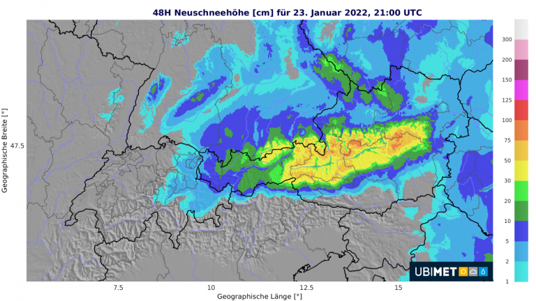 Erwartete Neuschneehöhe bis 23. Jänner 2022.