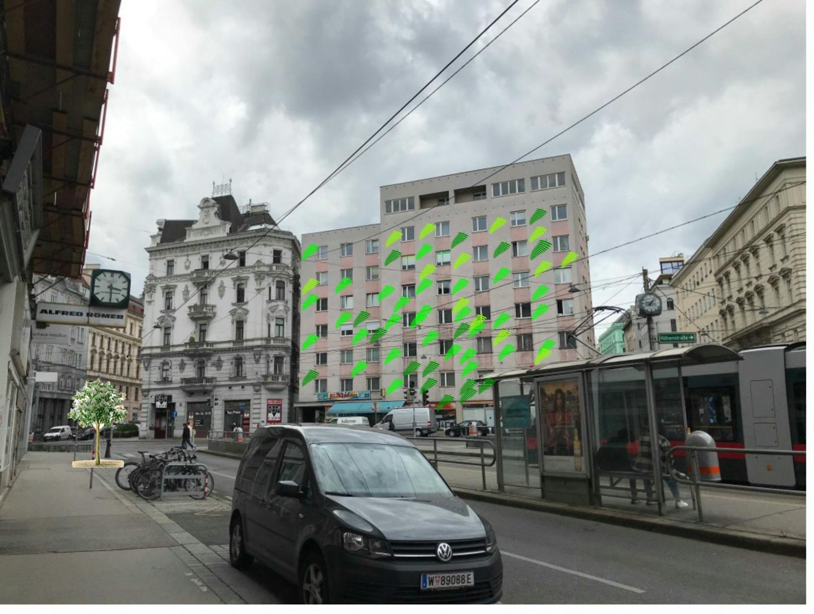 Die Markthalle an der Nußdorfer Straße 21 könnte laut Plänen der Gruppe "Zukunft Nussdorfer Straße" in einem ersten Schritt begrünt werden.Später sollen Bäume auf der Kreuzung Nußdorfer Straße / Alserbachstraße / Fuchsthallergasse folgen.