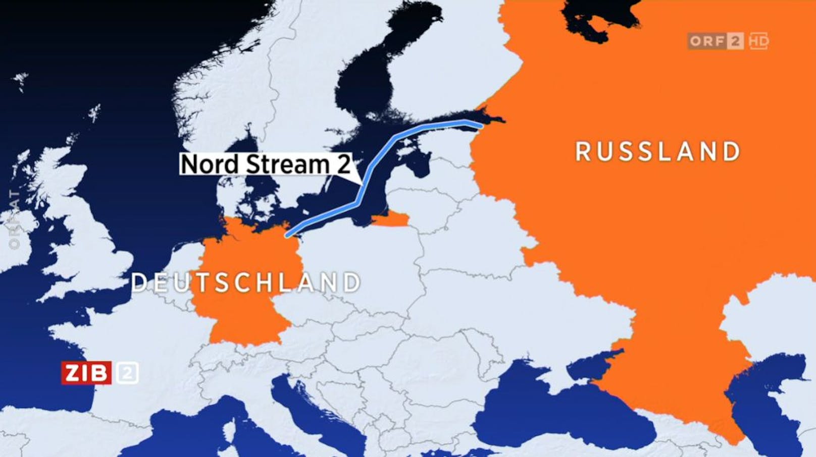 Der Verlauf von Nord Stream 2 wie während des ORF-Beitrags eingeblendet.