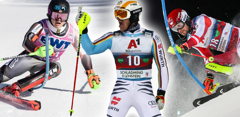 Slalom-Sieger: Lukas Braathen, Linus Straßer und Johannes Strolz