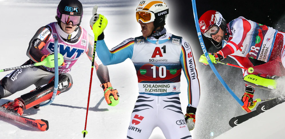 Slalom-Sieger: Lukas Braathen, Linus Straßer und Johannes Strolz