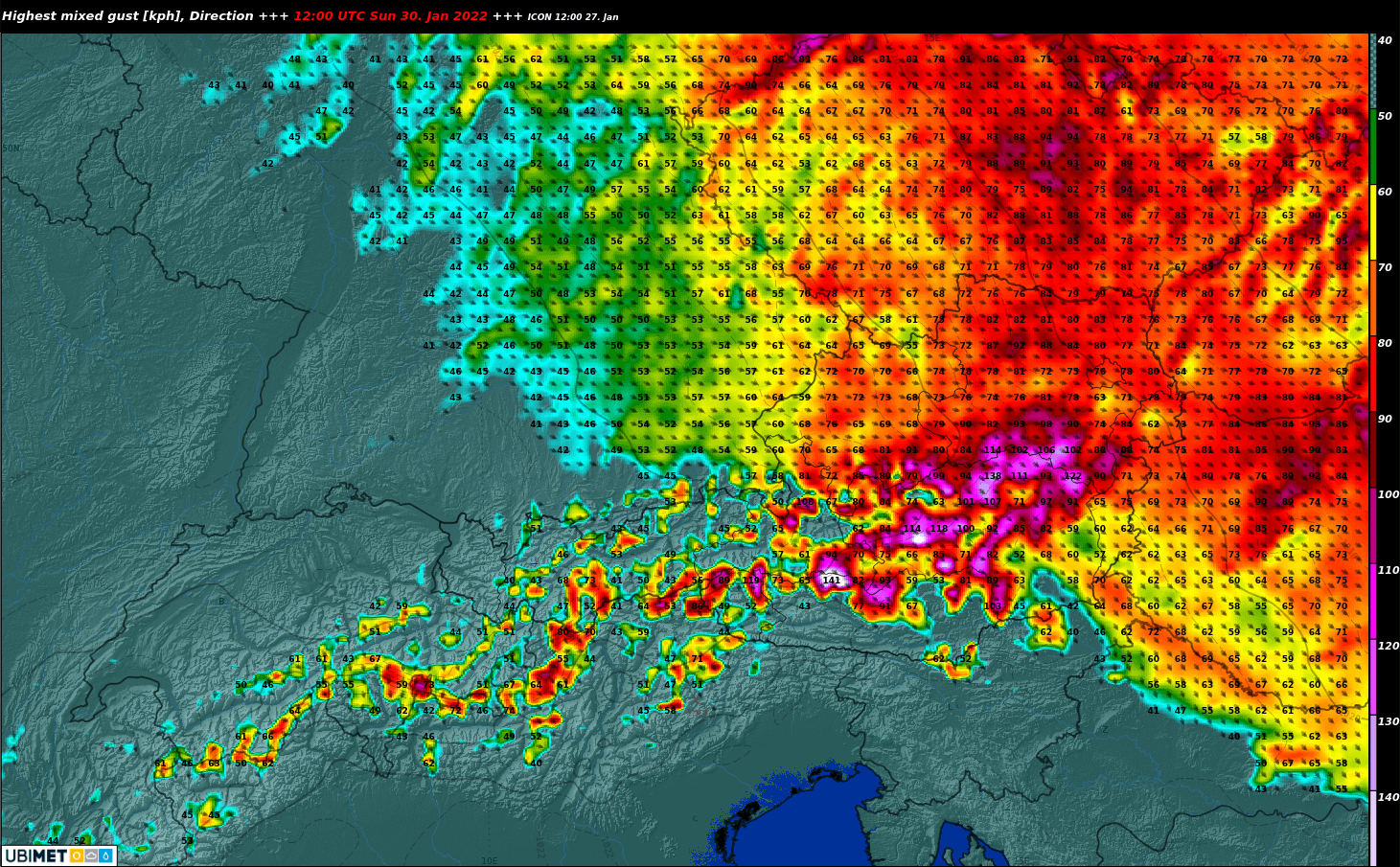 Maximale Windböen zu Sonntagmittag