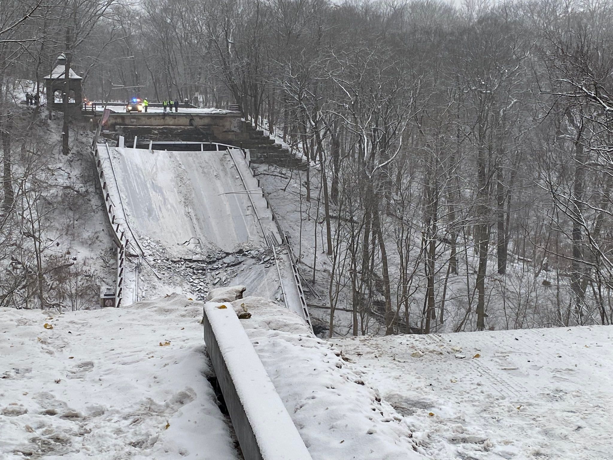 Die Brücke über den Frick Park in der USA-Stadt Pittsburgh ist rund 20 Meter tief auf einen Fußgängerweg gestürzt.