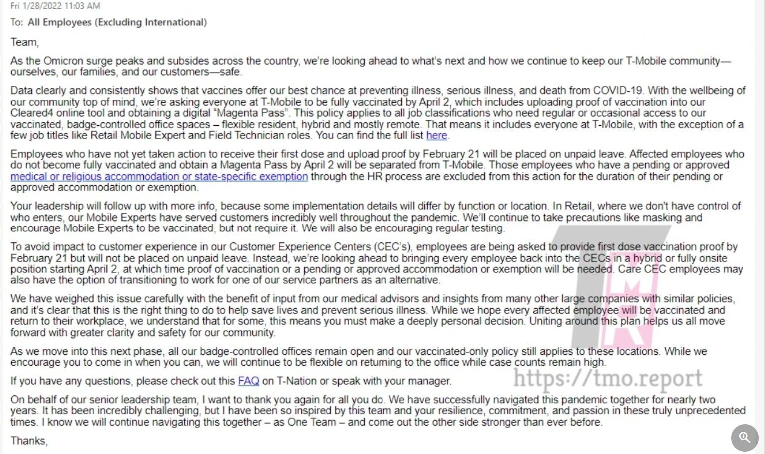 Die Erklärung von T-Mobile USA an seine Mitarbeiter.<br>