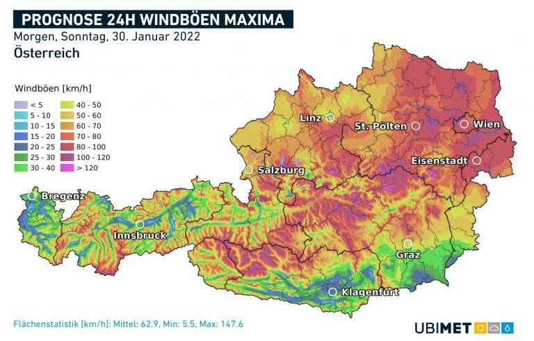 Prognose der maximalen Windböen am Sonntag.