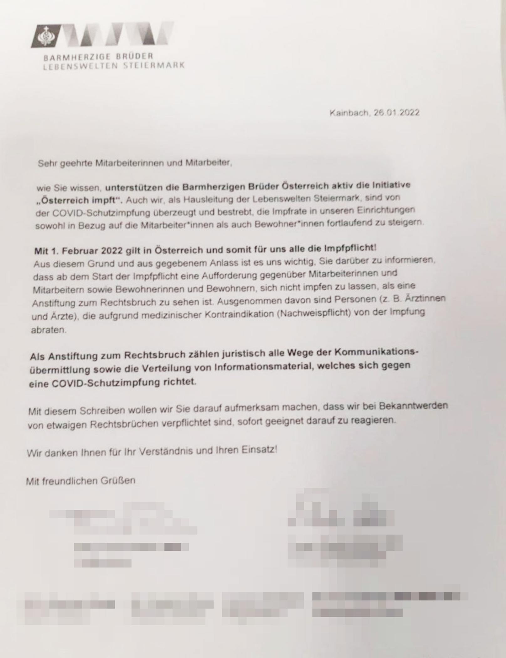 Auch bei den "Barmherzigen Brüder – Lebenswelten Steiermark" sorgt ein Impf-Brief für Diskussionen (Symbolfoto)