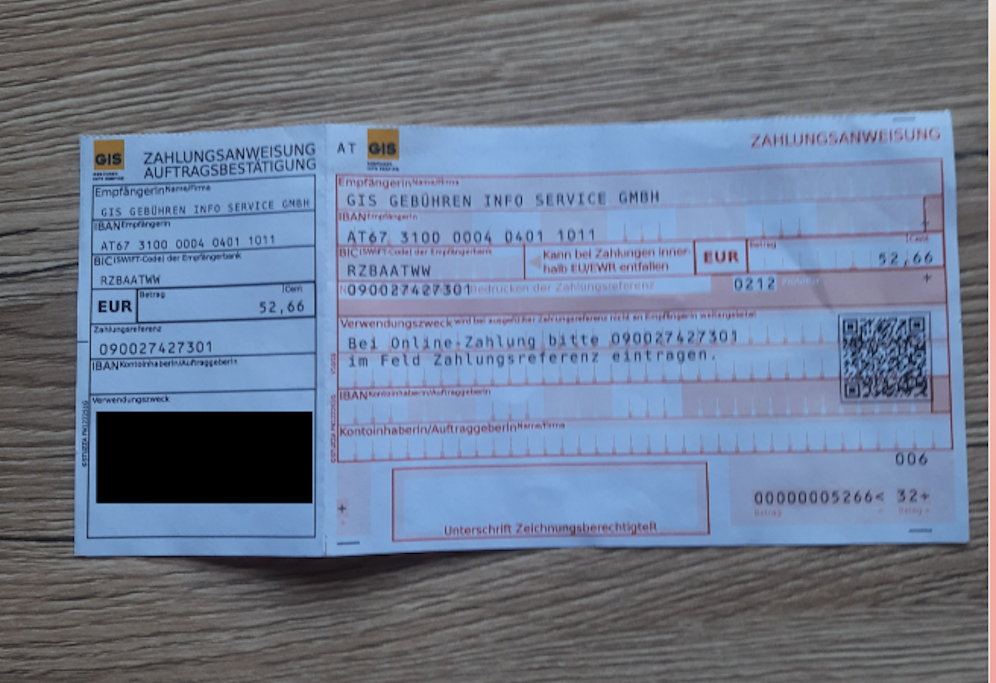 Zahlschein für GIS-Gebühr.