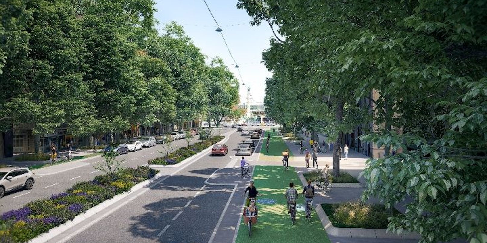 Visualisierung Praterstraße - ein Fahrstreifen für die Autofahrer weniger, dafür mehr Platz für Radfahrer.