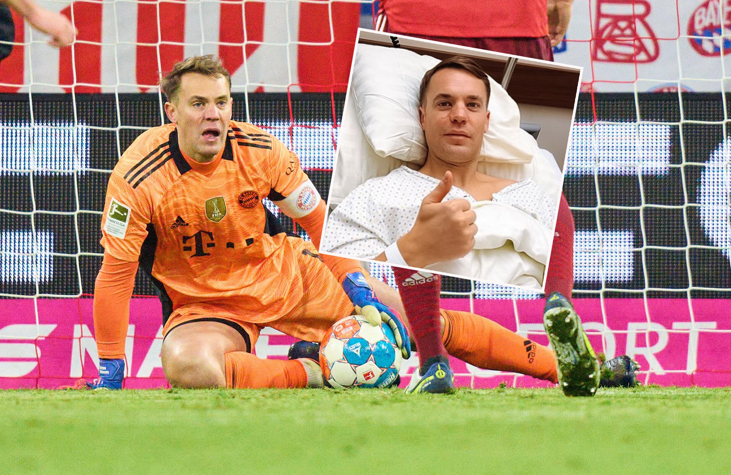 Manuel Neuer am Samstag gegen Leipzig (l.) und am Sonntag aus dem Spital