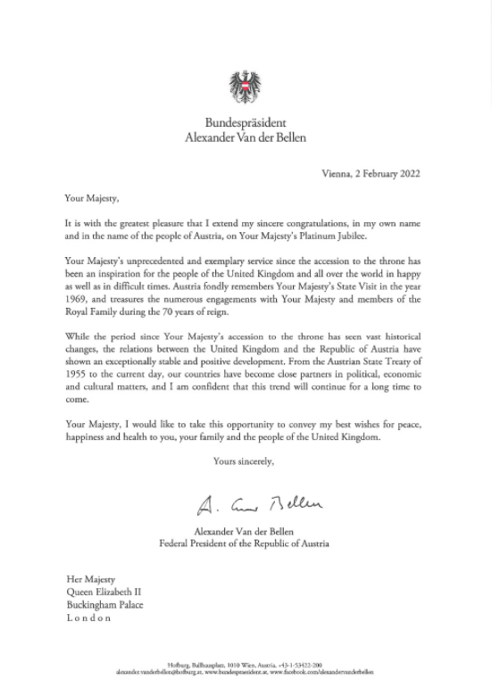 Für Van der Bellen gilt Queen Elizabeth als "Inspiration für die Menschen im Vereinigten Königreich".