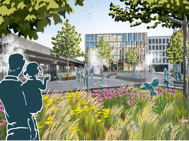 Eine Visualisierung des begrünten Wangari-Maathai-Platzes in der Wiener Seestadt.