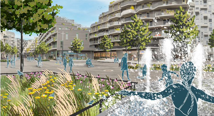 Ein Rendering des begrünten Simone-de-Beauvoir-Platzes in der Seestadt.