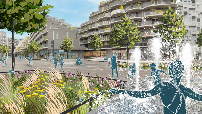Ein Rendering des begrünten Simone-de-Beauvoir-Platzes in der Seestadt.