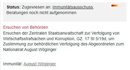 Das WKStA-Ersuchen ist bereits dem Immunitätsausschuss im Parlament zugewiesen worden.