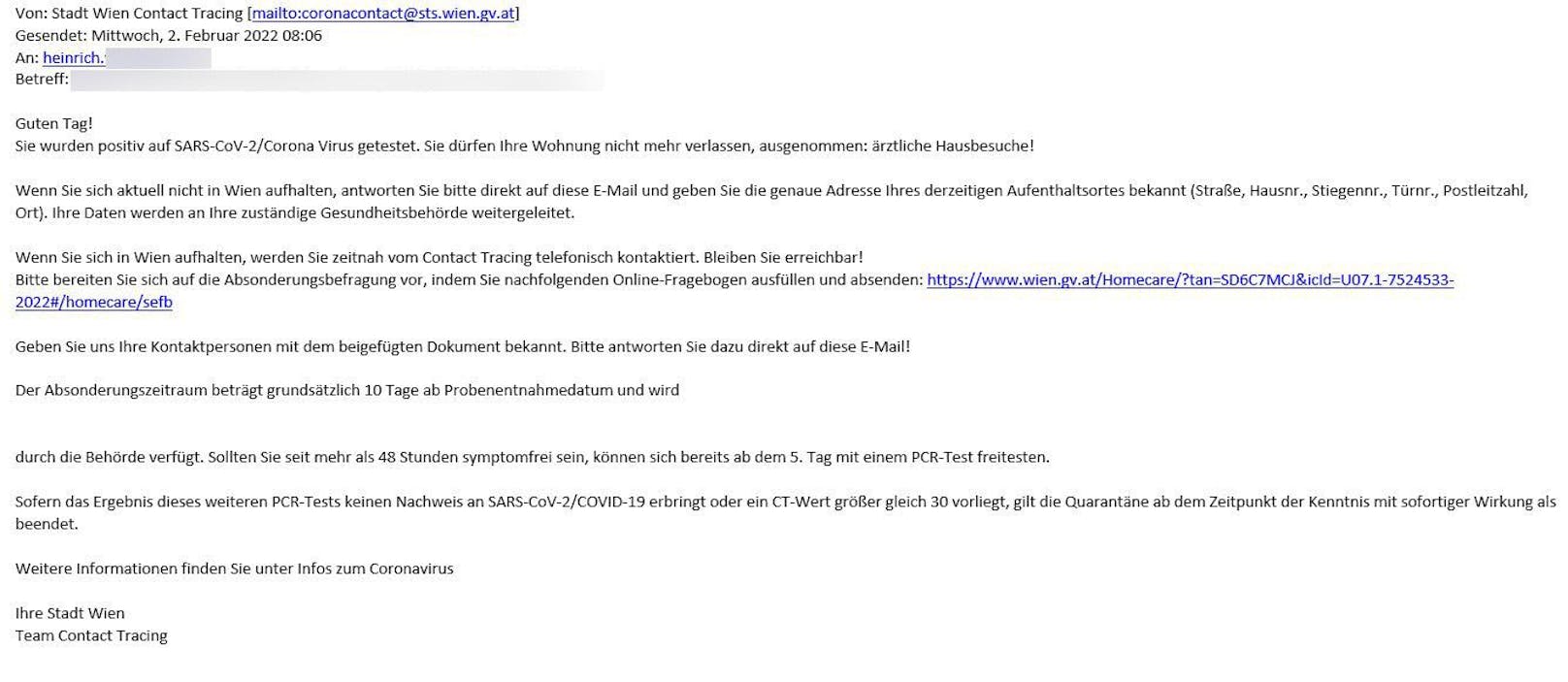 Nachdem er negativ getestet wurde, bekam er trotzdem diese Mail