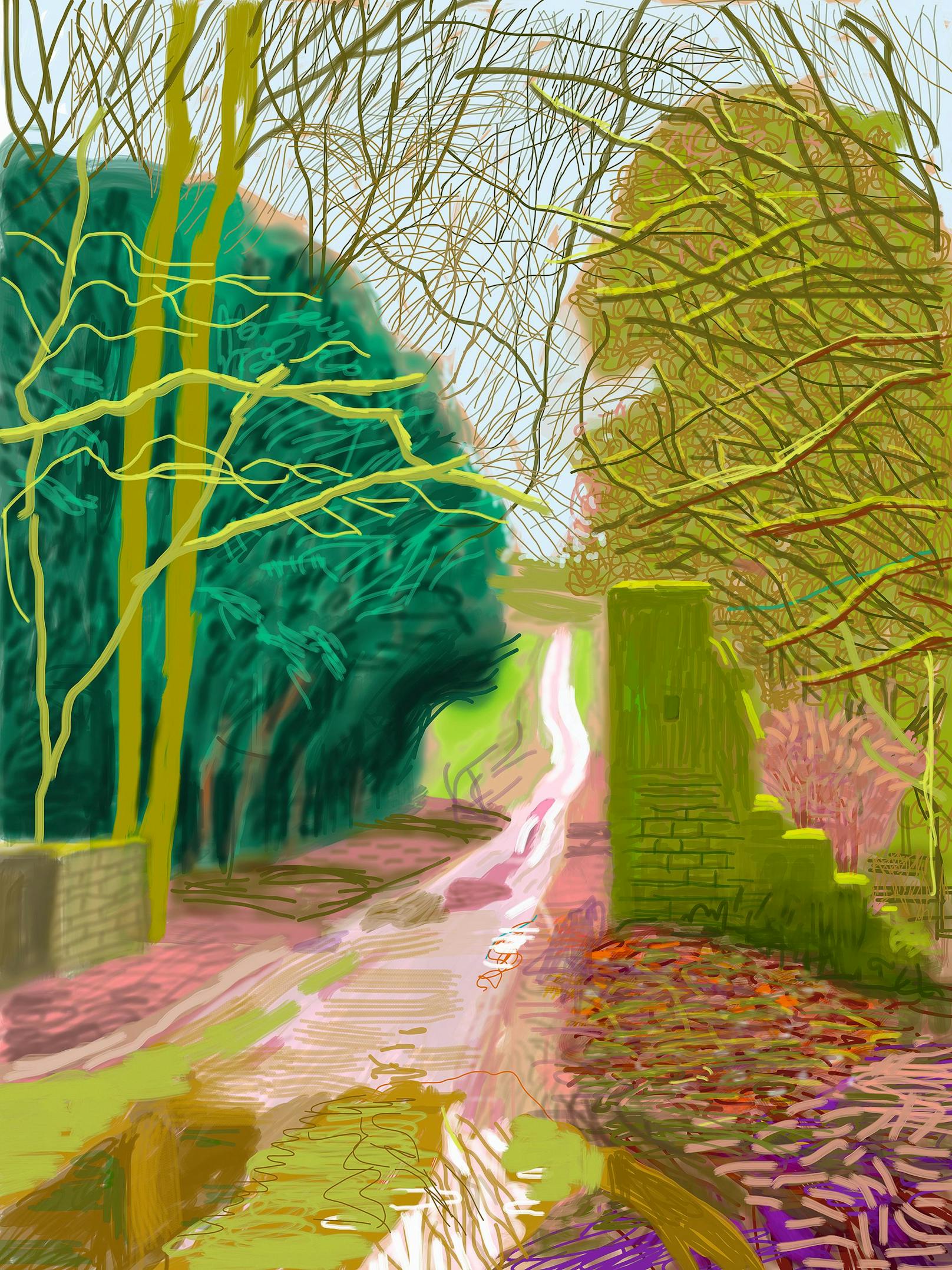 David Hockney, The Arrival of Spring in Woldgate, East Yorkshire in 2011 (twenty eleven) – 29 January, 2011, iPad-Zeichnung, gedruckt auf vier Blatt