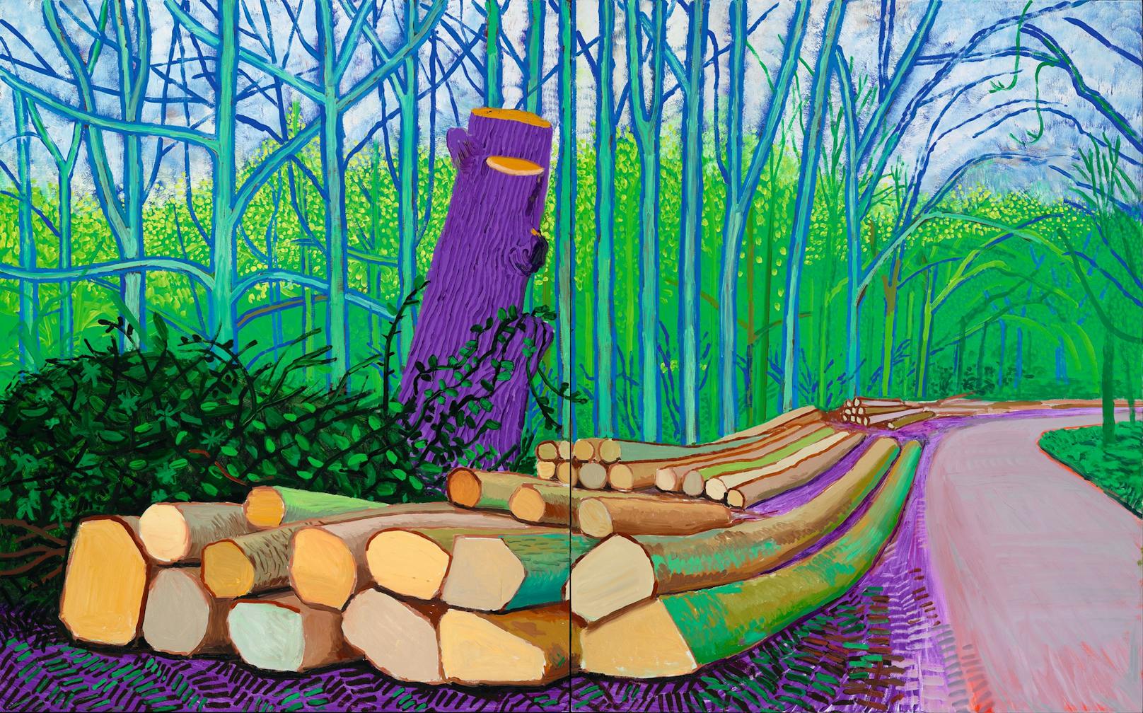 David Hockney, Felled Trees on Woldgate, 2008, Öl auf zwei Leinwänden