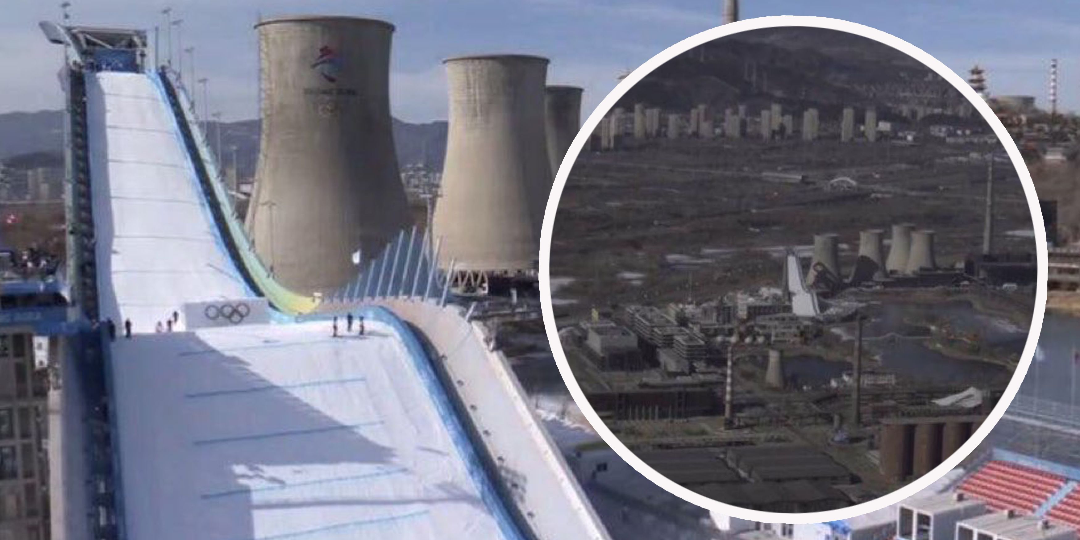 Eine Olympia-Schanze mitten im schneelosen Industriegebiet.