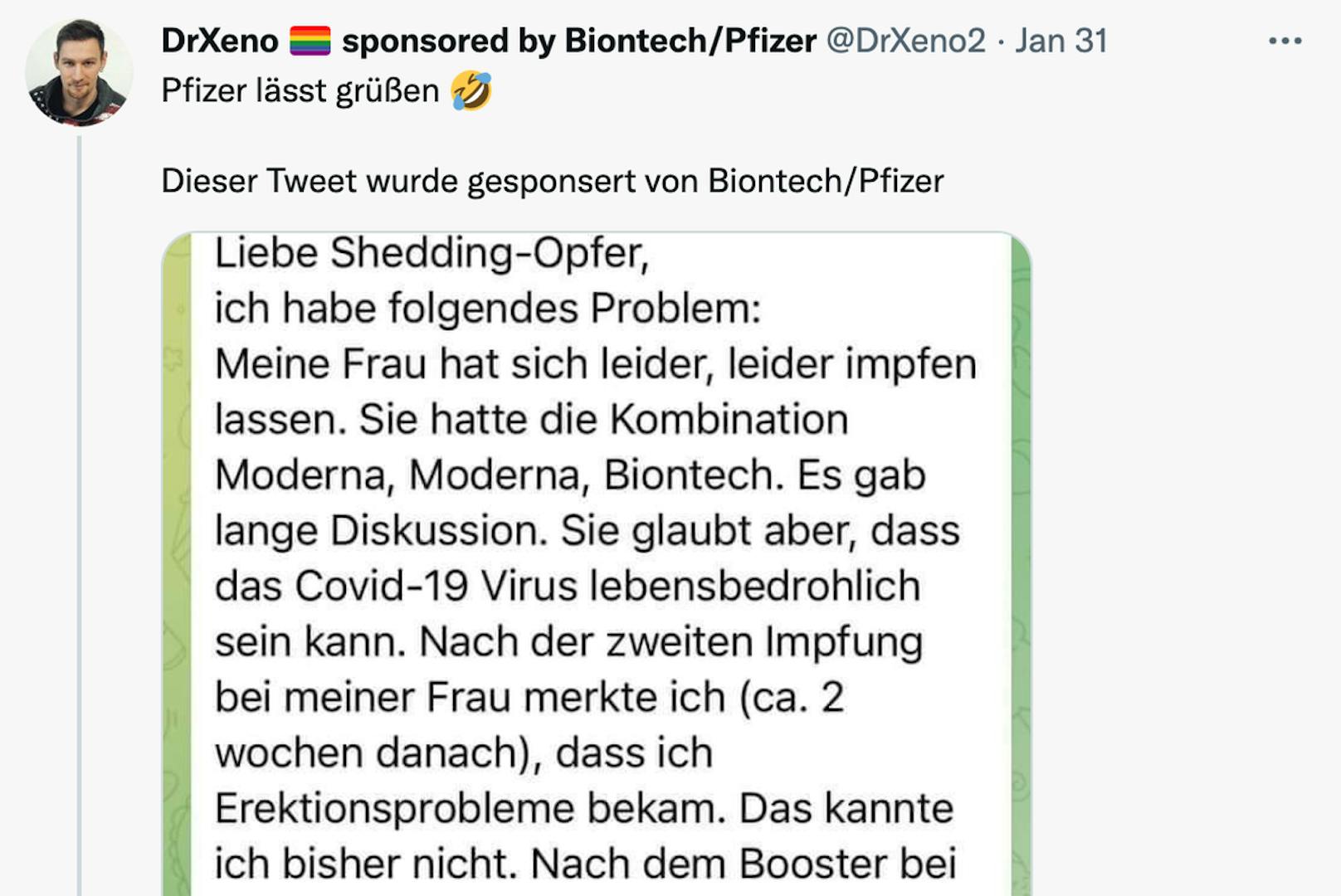 Der Twitter-User @drxeno2 macht auf einen Telegram-Post aufmerksam, in dem ein ungeimpfter Mann von seinen Erektionsproblemen berichtet, die ihn seit der zweiten Biontech/Pfizer-Impfung seiner Frau plagen.