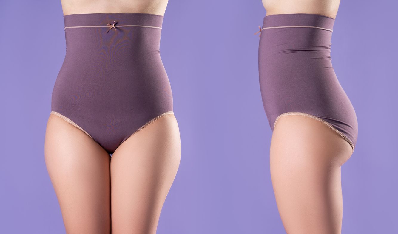 Woman's body before and after weight loss, fat woman in corrective panties on purple background, shapewear concept, image is not body shape retouched