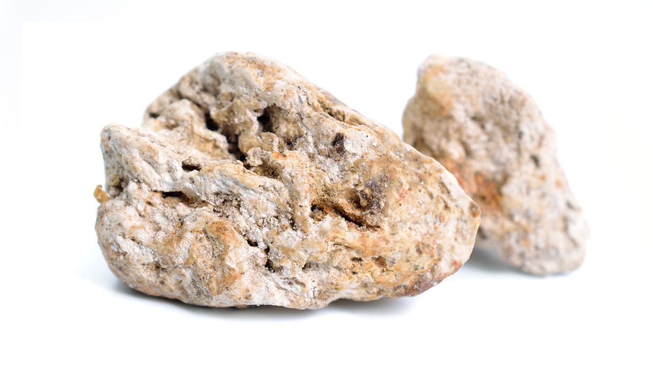 Ambergris, ambre gris, ambergrease or grey amber. Isolated on white background.