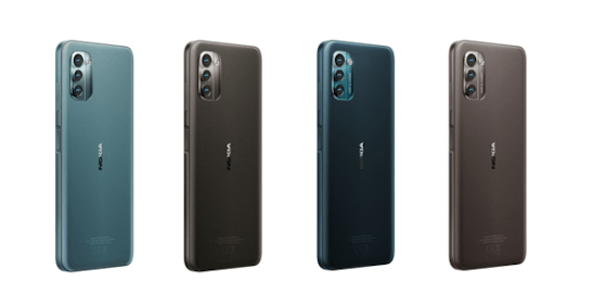 Nokia G11 in Ice und Charcoal und Nokia G21 in Nordic Blue und Dusk.