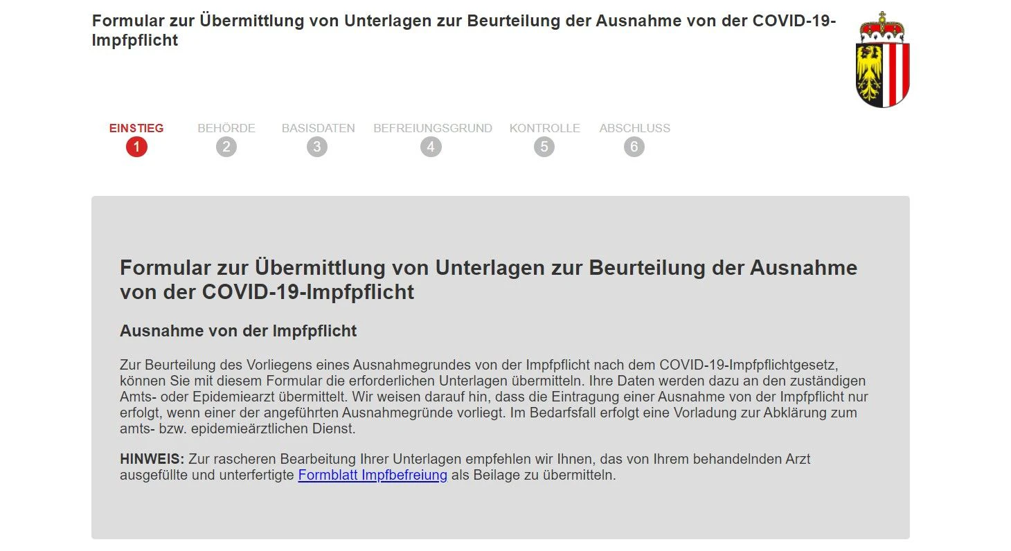 So sieht die Homepage auf, wo man eine Impfbefreiung beantragen kann.