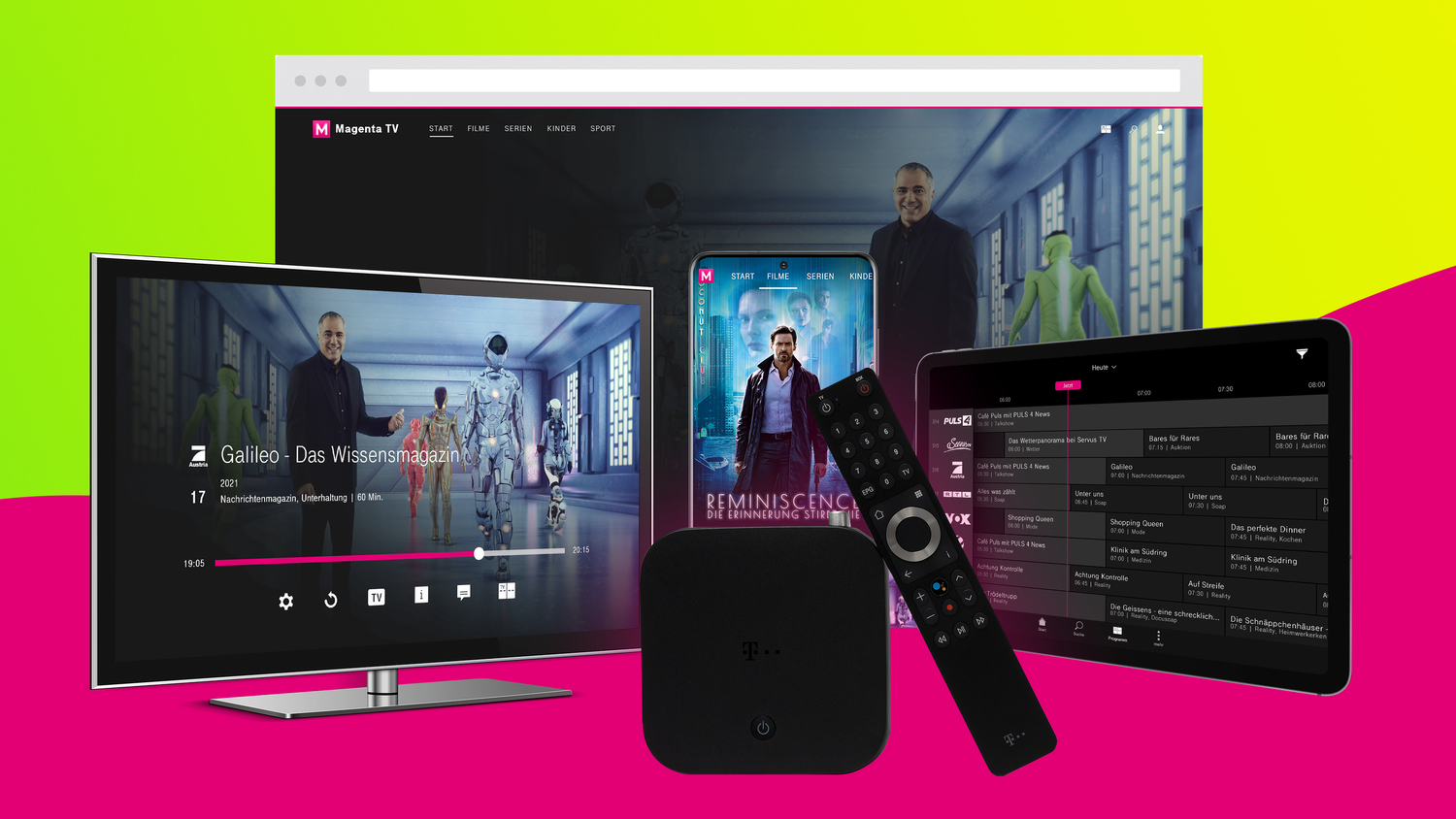 Jedes Magenta Internet (Glasfaser-Kabel, Mobilfunk, DSL) bringt erstmals die volle TV-Produktwelt auf jeden Bildschirm.