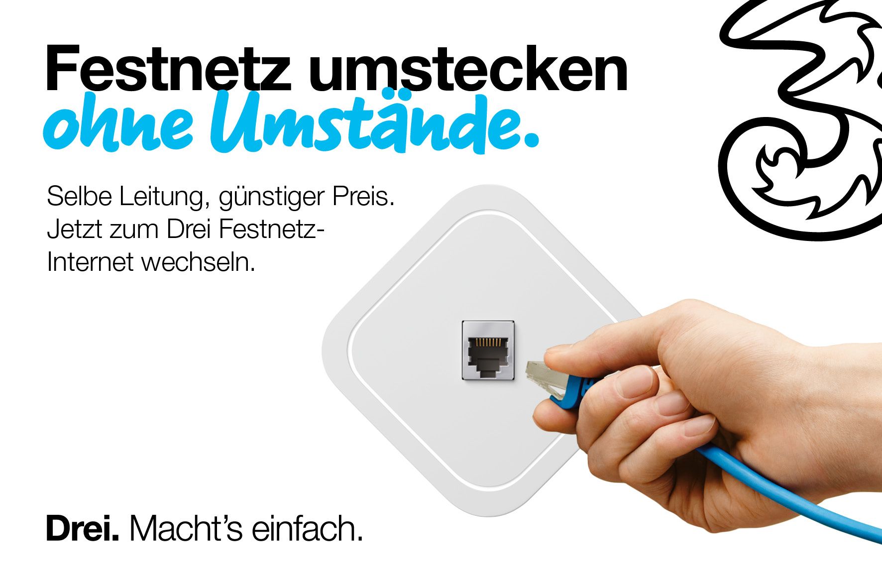 Kunden, die schon bisher Festnetz zu Hause nutzten, können das Festnetz-Internet von Drei aus demselben Kabel bzw. derselben Buchse weiter nutzen
