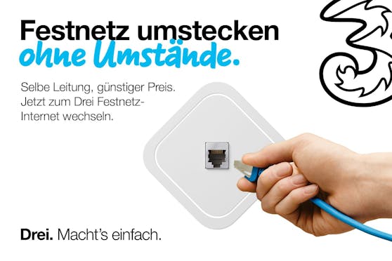 Kunden, die schon bisher Festnetz zu Hause nutzten, können das Festnetz-Internet von Drei aus demselben Kabel bzw. derselben Buchse weiter nutzen.