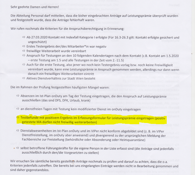 Auszug aus dem internen Mailverkehr des AKH vom Juni 2020, erging an Abteilungsleiter und Führungskräfte.
