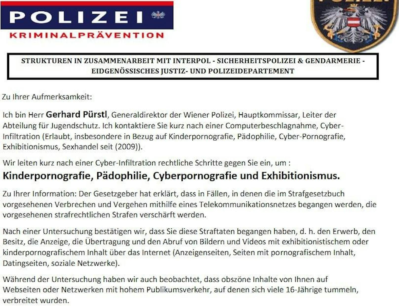 Fake-Mail von Polizei wegen Kinderpornographie erhalten