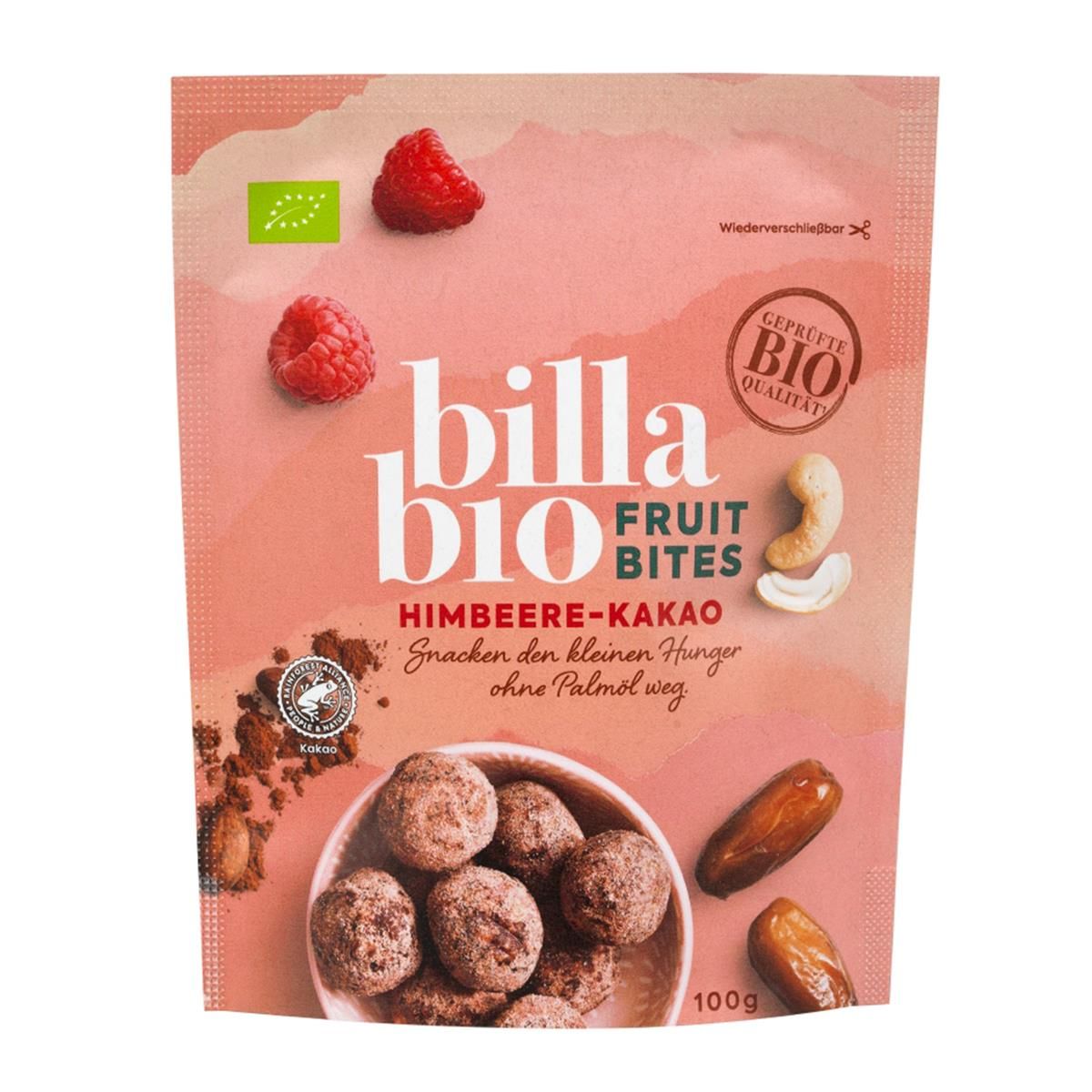 Vom Rückruf betroffen: Das Produkt Billa Bio Fruit Bites Himbeere-Kakao 100g.