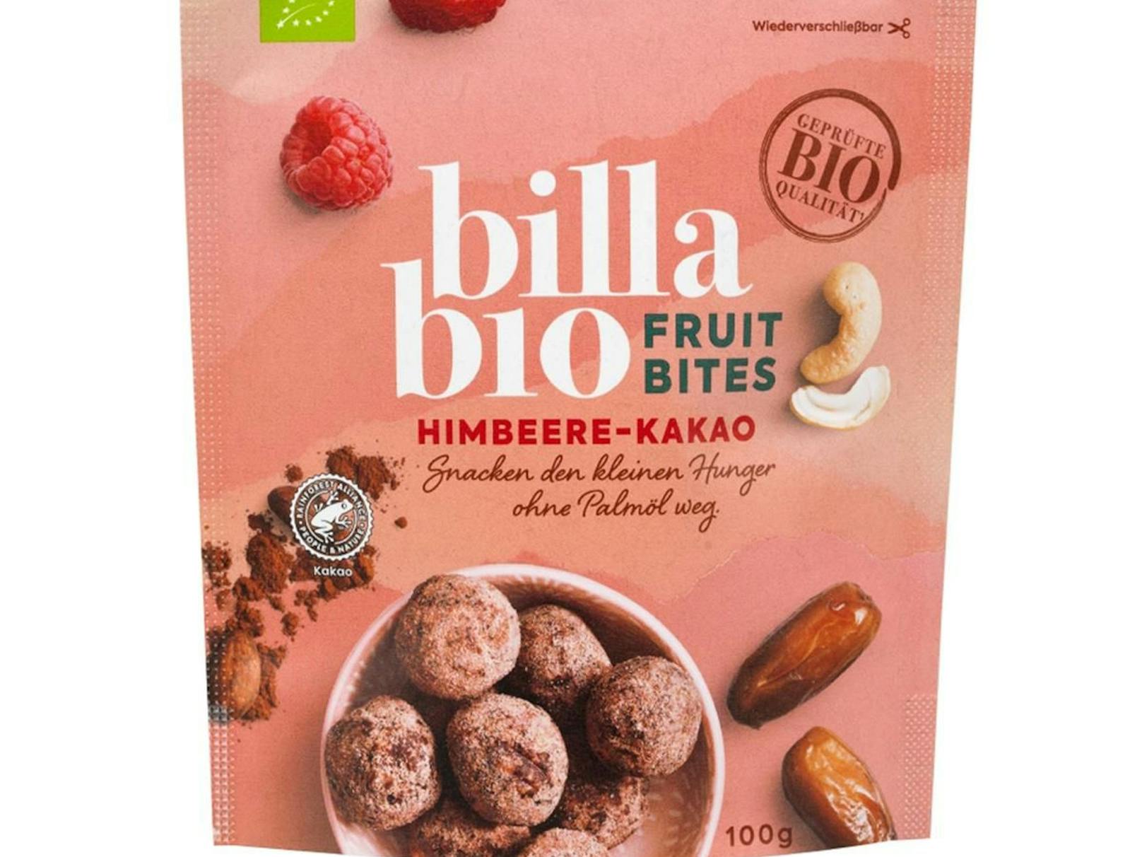 Vom Rückruf betroffen: Das Produkt Billa Bio Fruit Bites Himbeere-Kakao 100g.