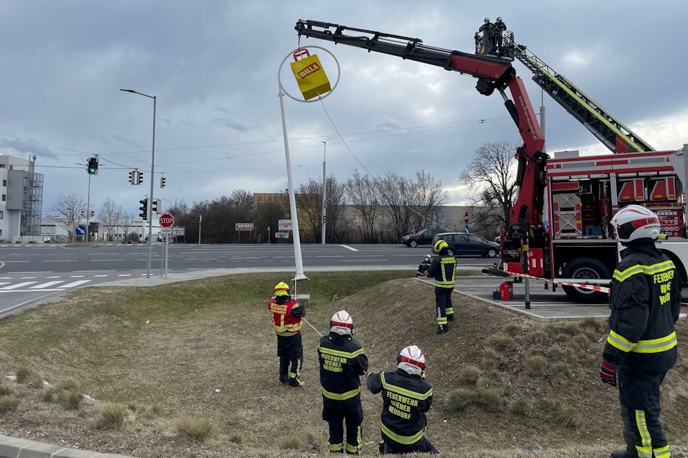 Die Feuerwehr holte die Einkaufstasche herunter.