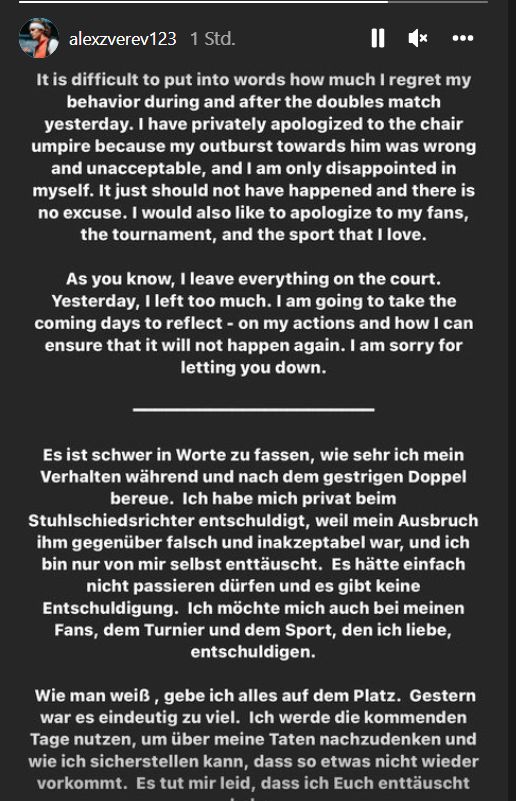 Das Instagram-Statement von Alex Zverev