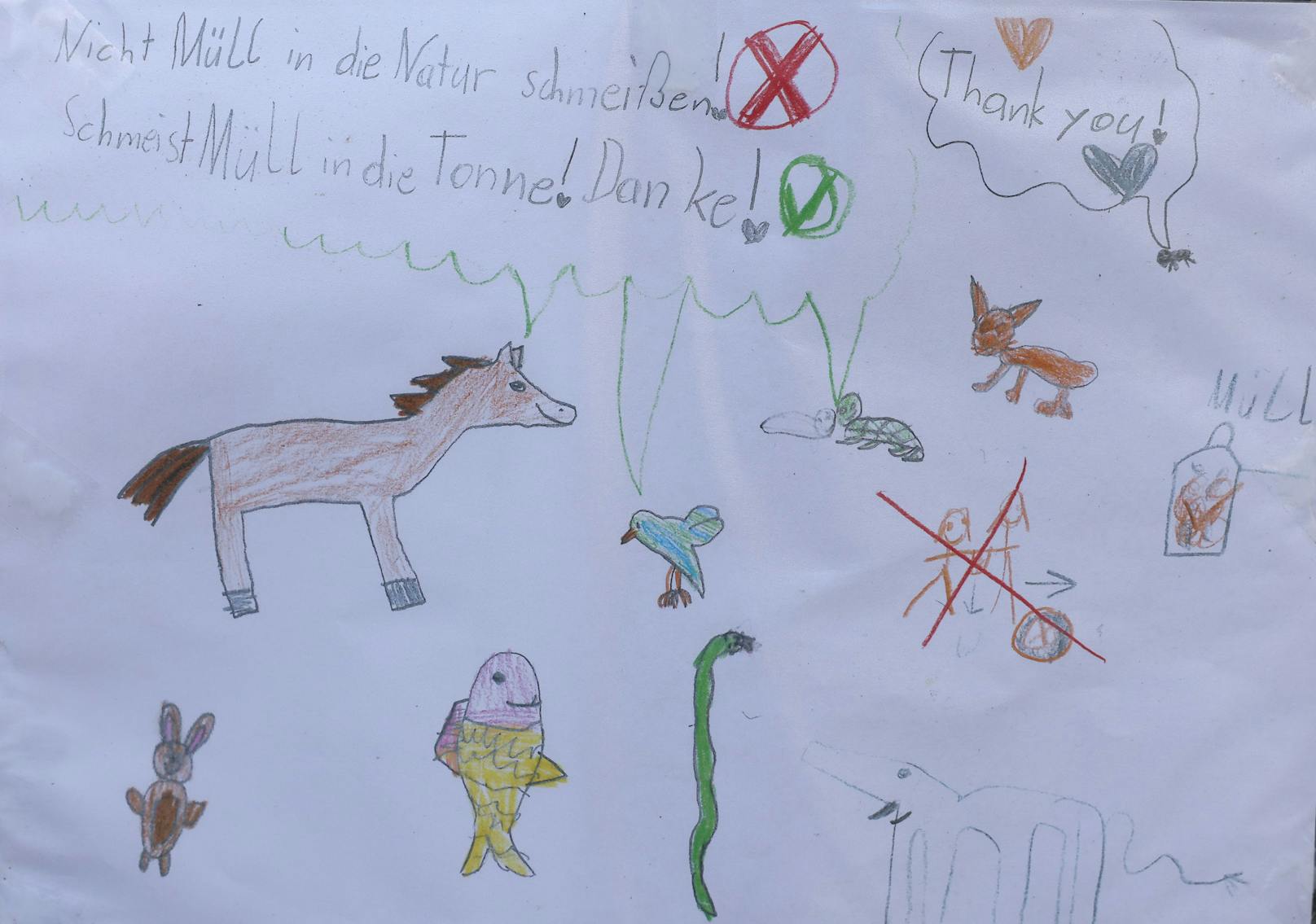 Mit selbst gemalten Schildern ruft ein unbekanntes Kind in der Neuwaldegger Straße zur richtigen Müllentsorgung auf.