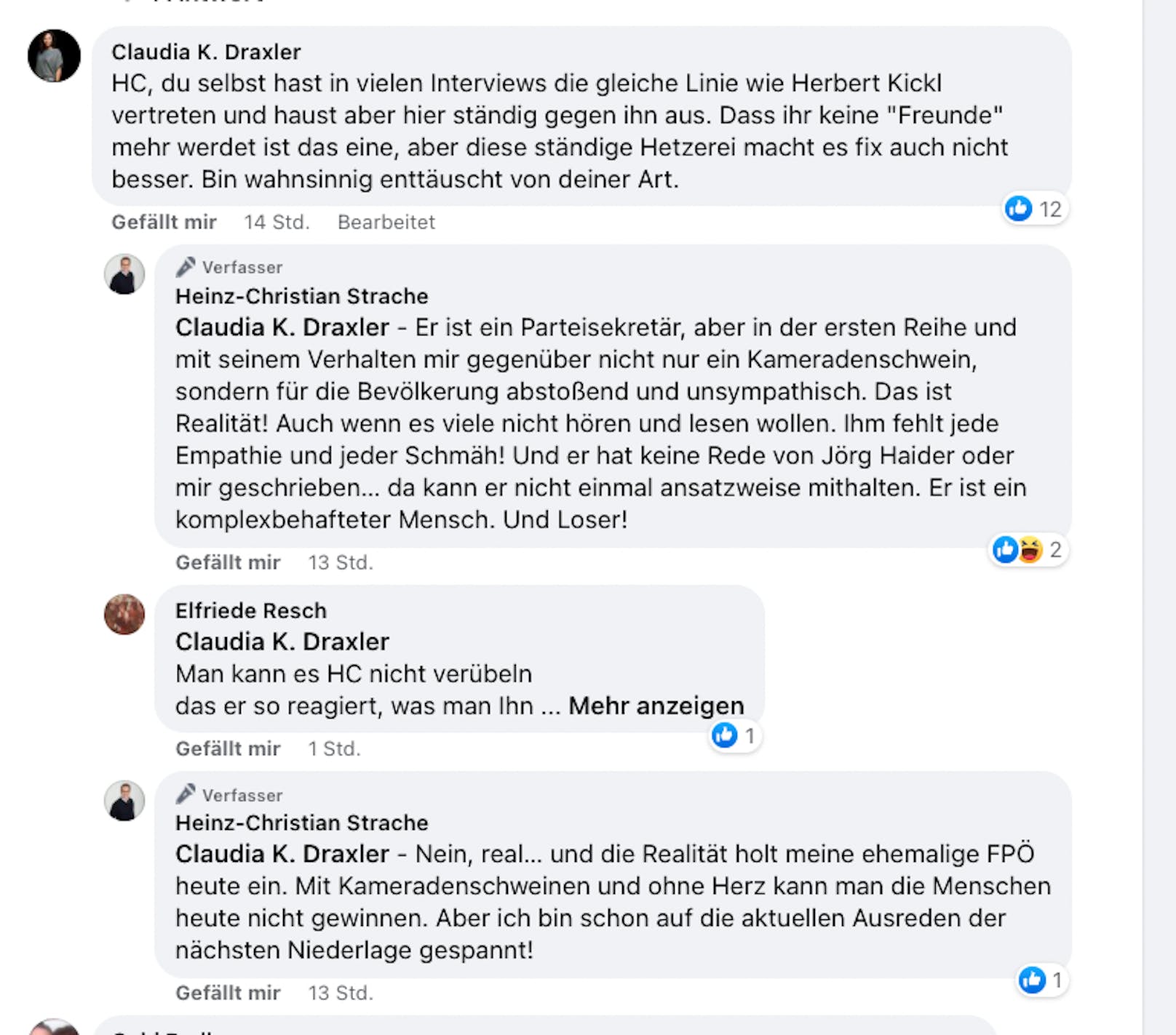 In den Postings nennt Strache den ehemaligen Kollegen ein "Kameradenschwein".