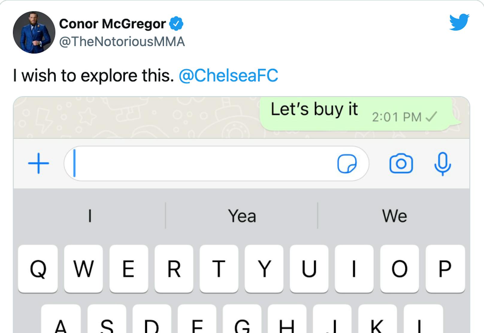 Conor McGregor scherzt auf Twitter, er wolle Chelsea kaufen.
