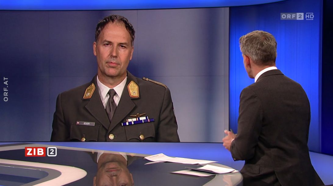 Bundesheer-Brigadier Philipp Eder in der ZIB2 bei Martin Thür am 4. März 2022.