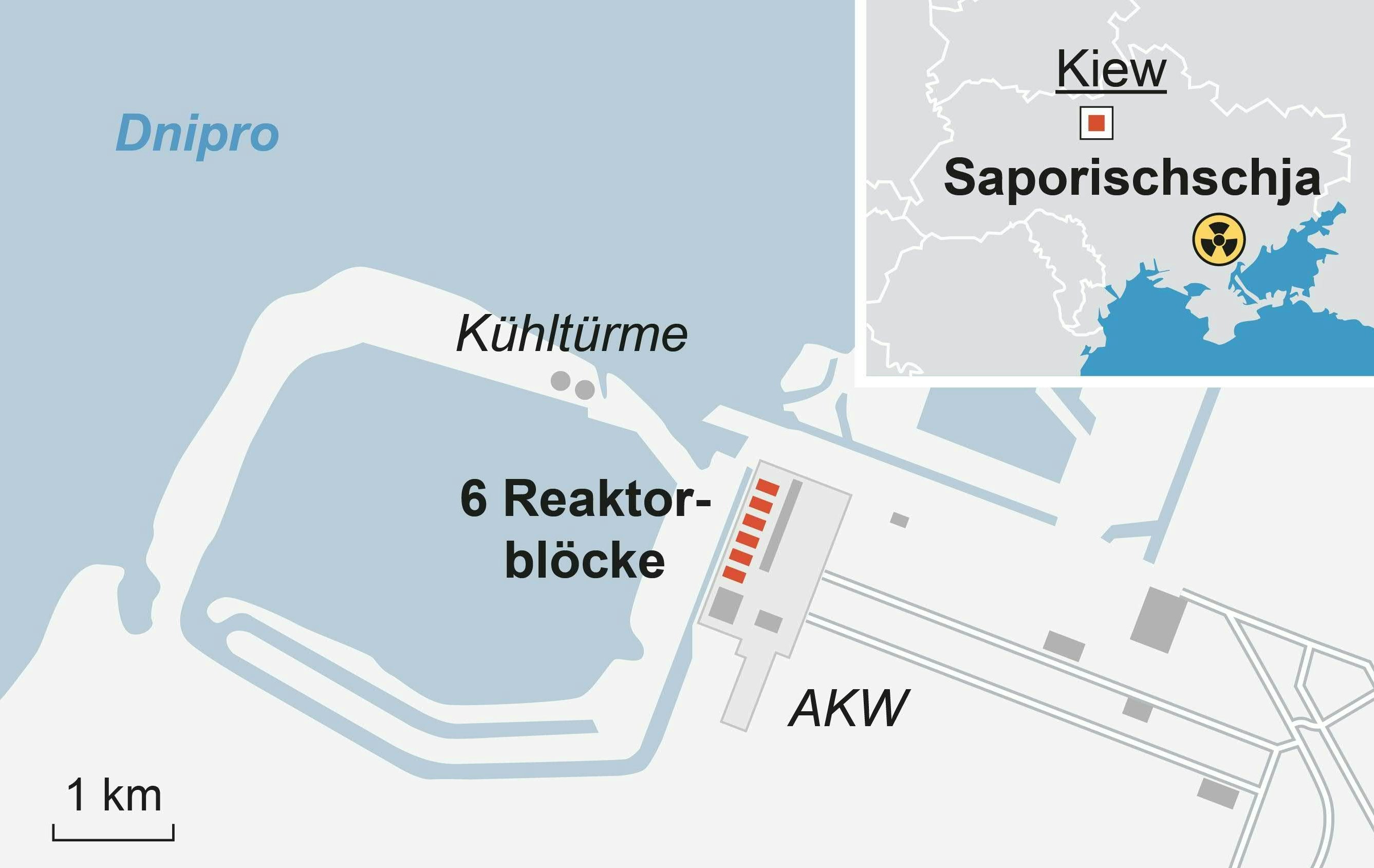 Lageplan des AKW Saporischschja. Es ist das größte AKW Europas.