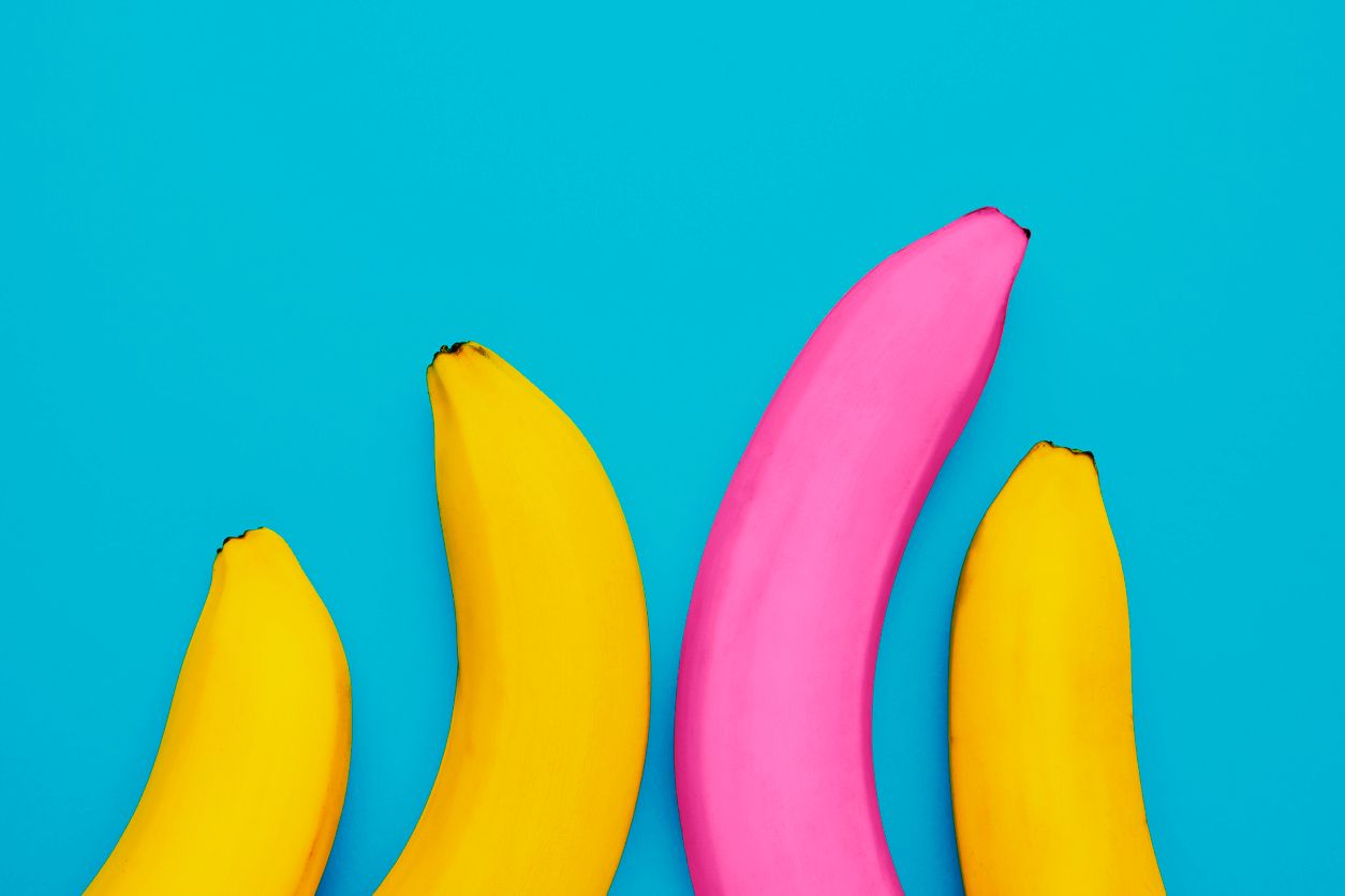 A unique pink banana among the yellow ones as a concept for a male penis. Provocatively large size, potency and prostate problems. Choosing the perfect lover.