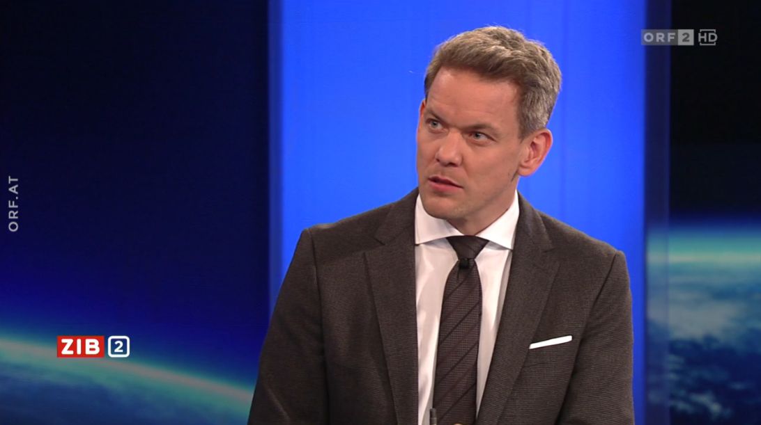 Bundesheer-Brigadier Philipp Eder und Nuklearexperte Georg Steinhauser in der ZIB2 bei Martin Thür am 4. März 2022.