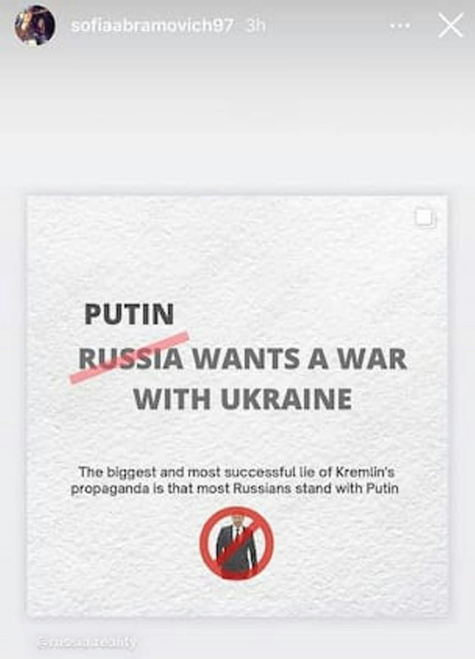 In ihrer Instagram-Story schrieb Sofia Abramovich, Tochter von Roman Abramovich: "Die größte und erfolgreichste Lüge des Kremls ist, dass alle Russen hinter Putin stehen".