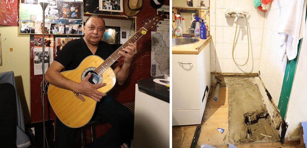 Stanko Marinkovic mit Gitarre, in seiner Wohnung klafft ein Loch.