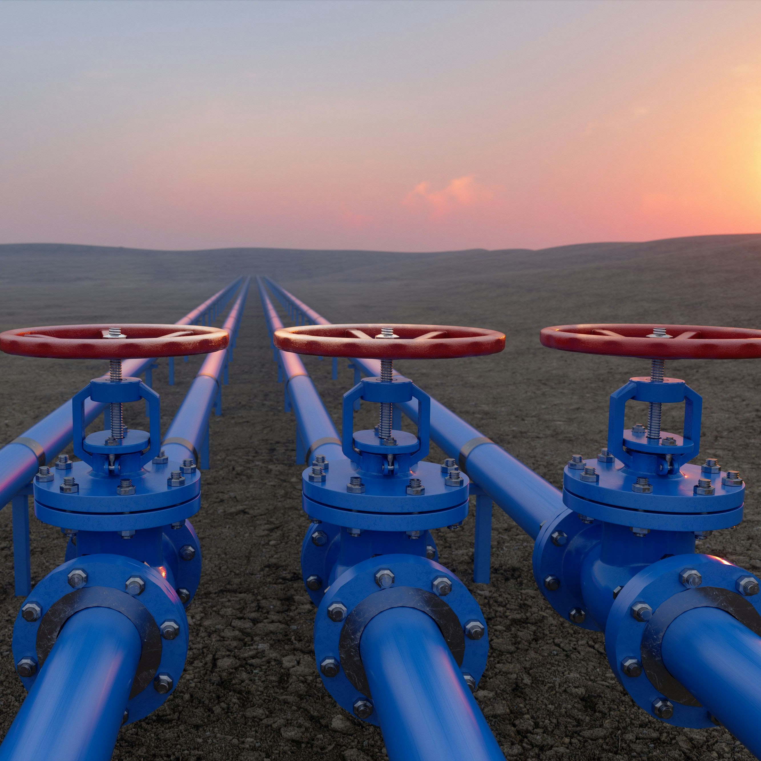 Oil Or Gas Transportation With Blue Gas Or Pipe Line Valves On Soil And Sunrise Background